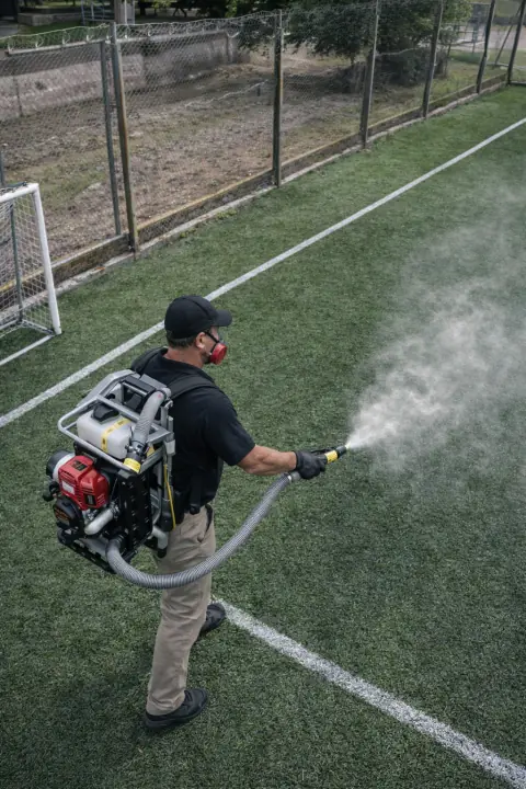 Técnico de Protegel nebulizando una cancha